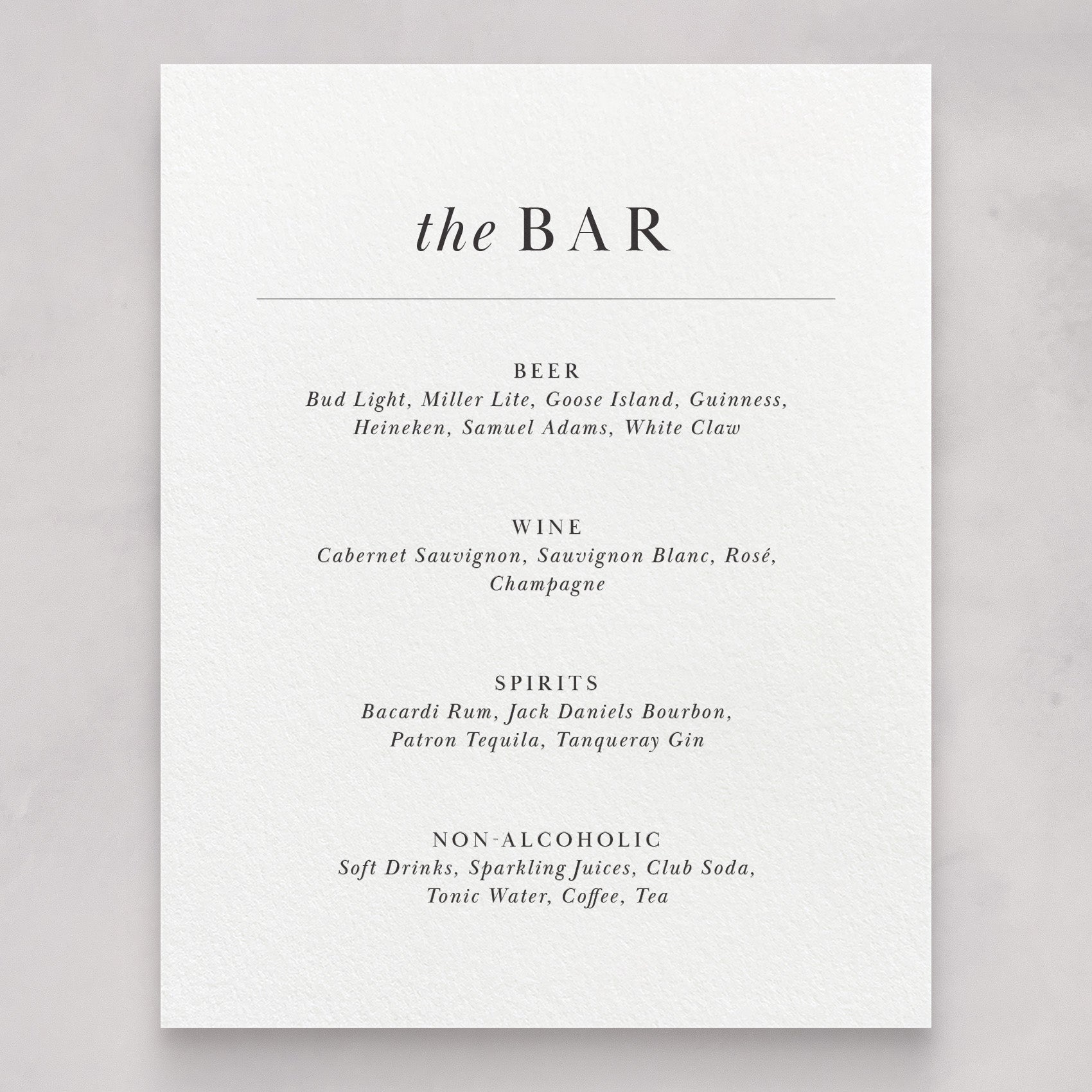 Classic Wedding Bar Menus – Tuesday Grace Designs