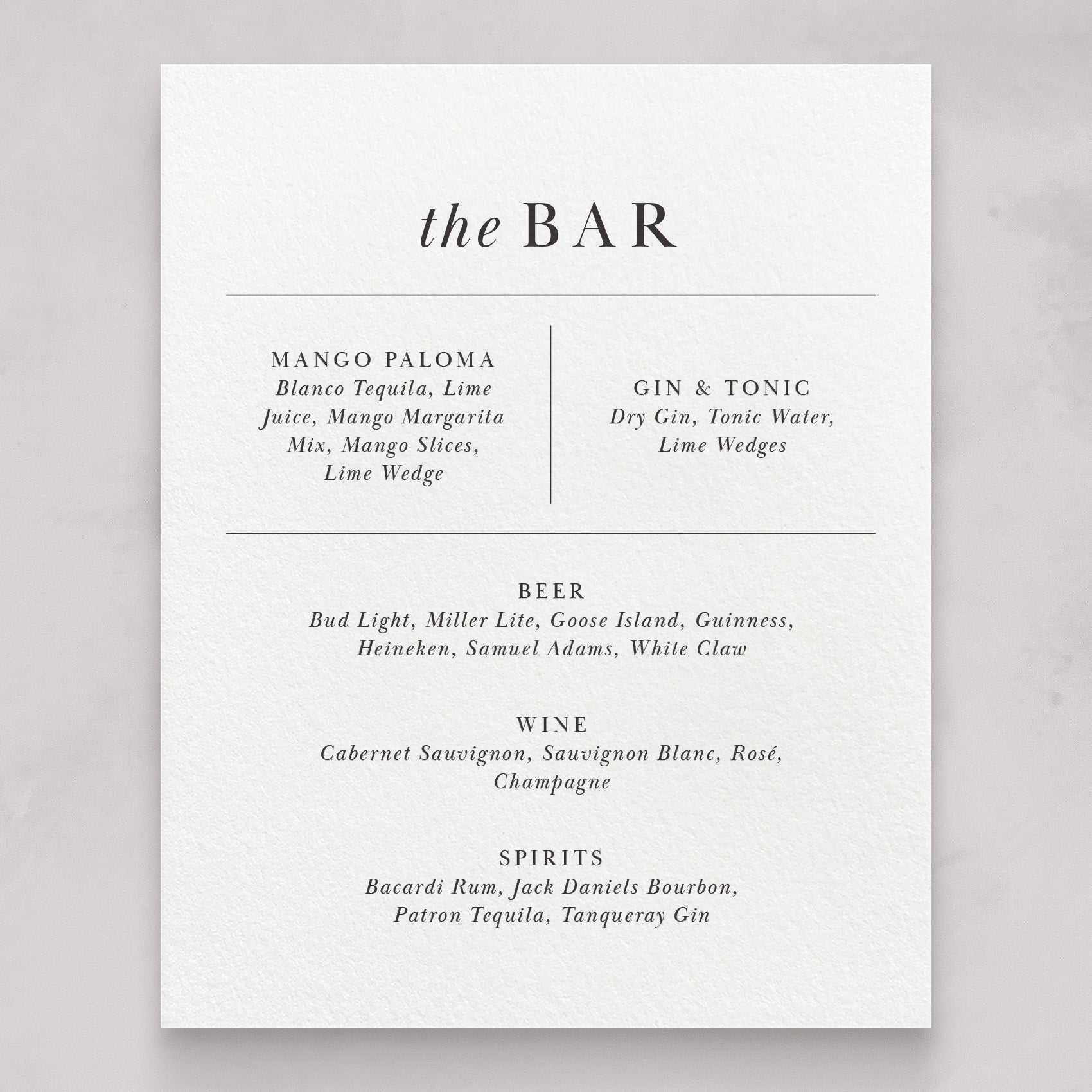 Classic Wedding Bar Menus