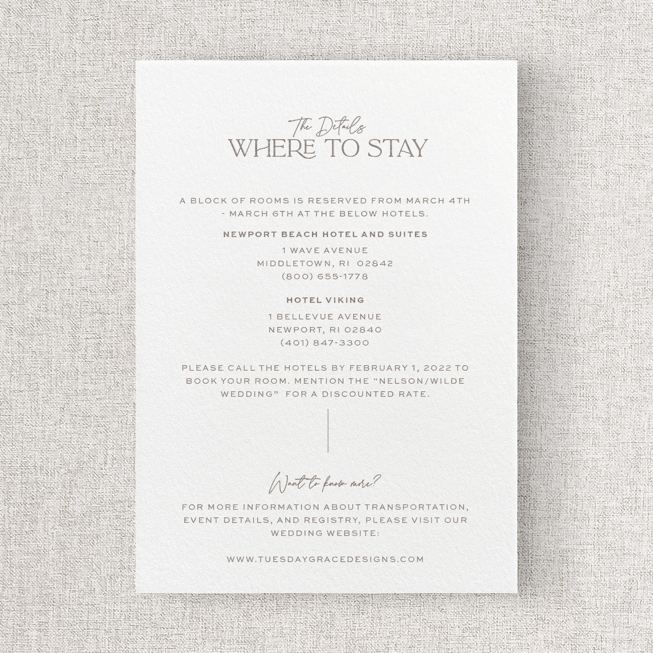 Newport Wedding Information Card