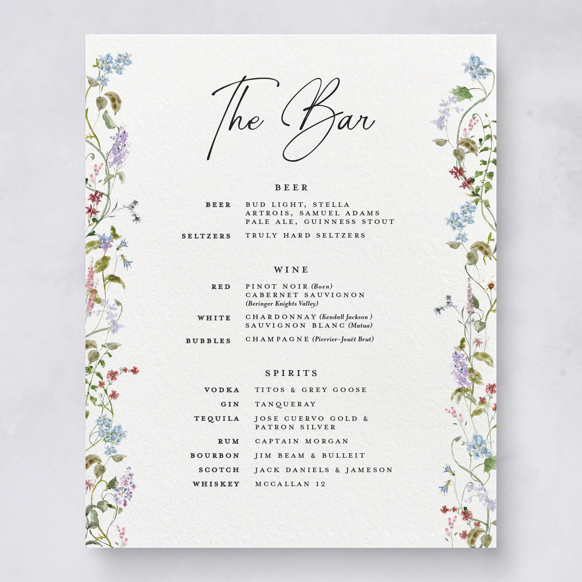 Wild Flora Wedding Bar Menu